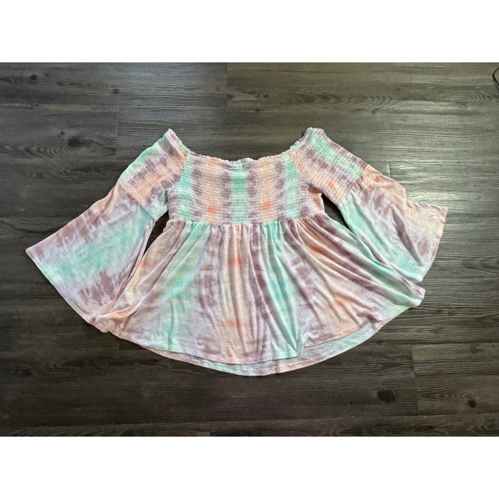 Torrid Pastel Tie Dye Smocked Off Shoulder Bell Sleeve Peplum Top Size 3 Plus